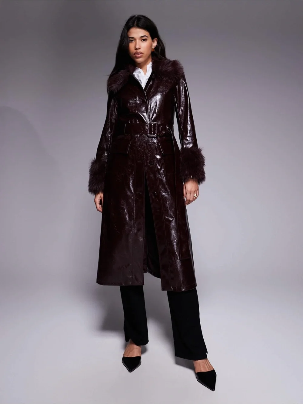 NWT River Island Studio Faux Fur Trim Leather Trench Matrix Coat Dark Red, Sz 2